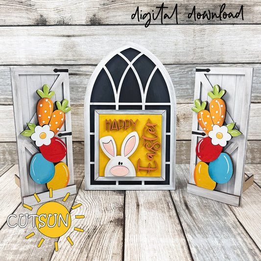Easter bunny farmhouse interchangeable window add-on with eggs carrots and flowers laser cut digital files
