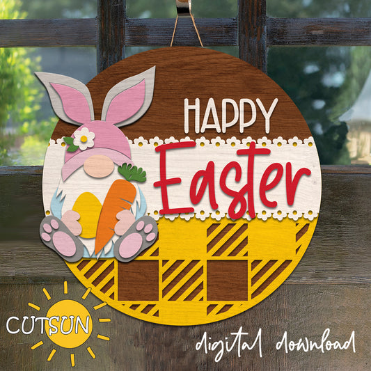 Easter Gnome Door hanger svg | Easter Gnome Buffalo Plaid Door hanger svg
