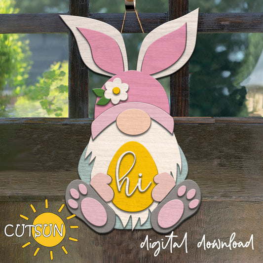 Decorative sign of a gnome with bunny ears and a yellow egg, featuring the brand 'CUTSUN'.