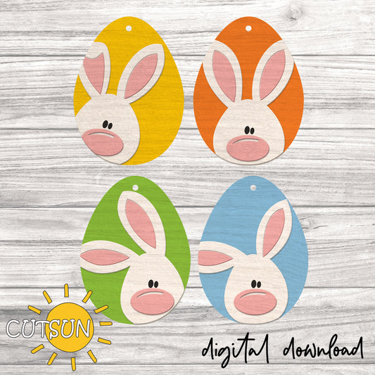 Digital download for Easter basket tags in the shape of an egg with different bunny faces on them.