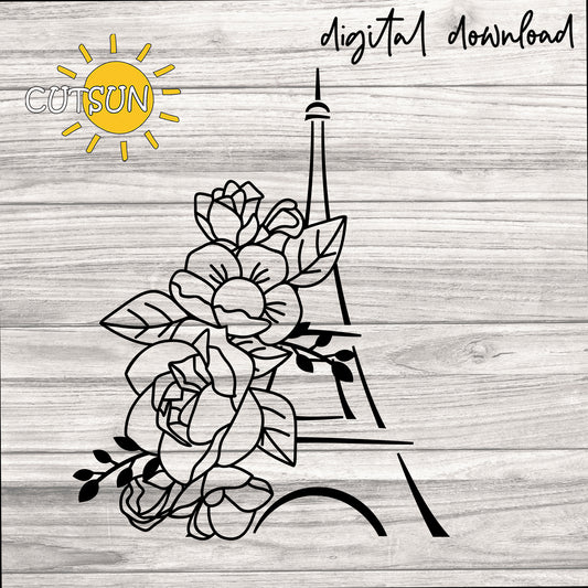 Digital download graphic of roses and the Eiffel tower tower on a wooden background with 'CUTSUN' logo.