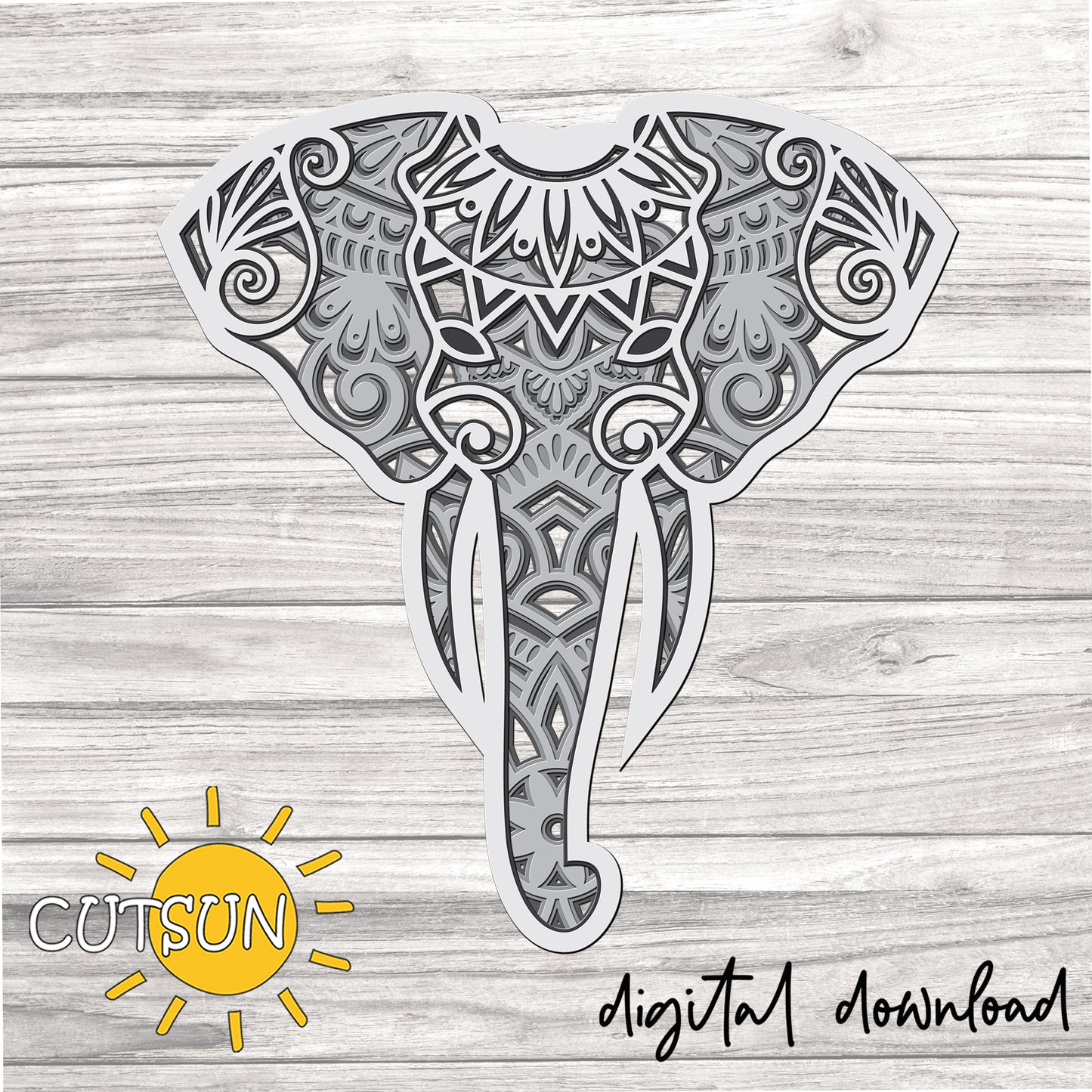 Digital download for a decorative design featuring an elephant's head with mandala and floral elements.