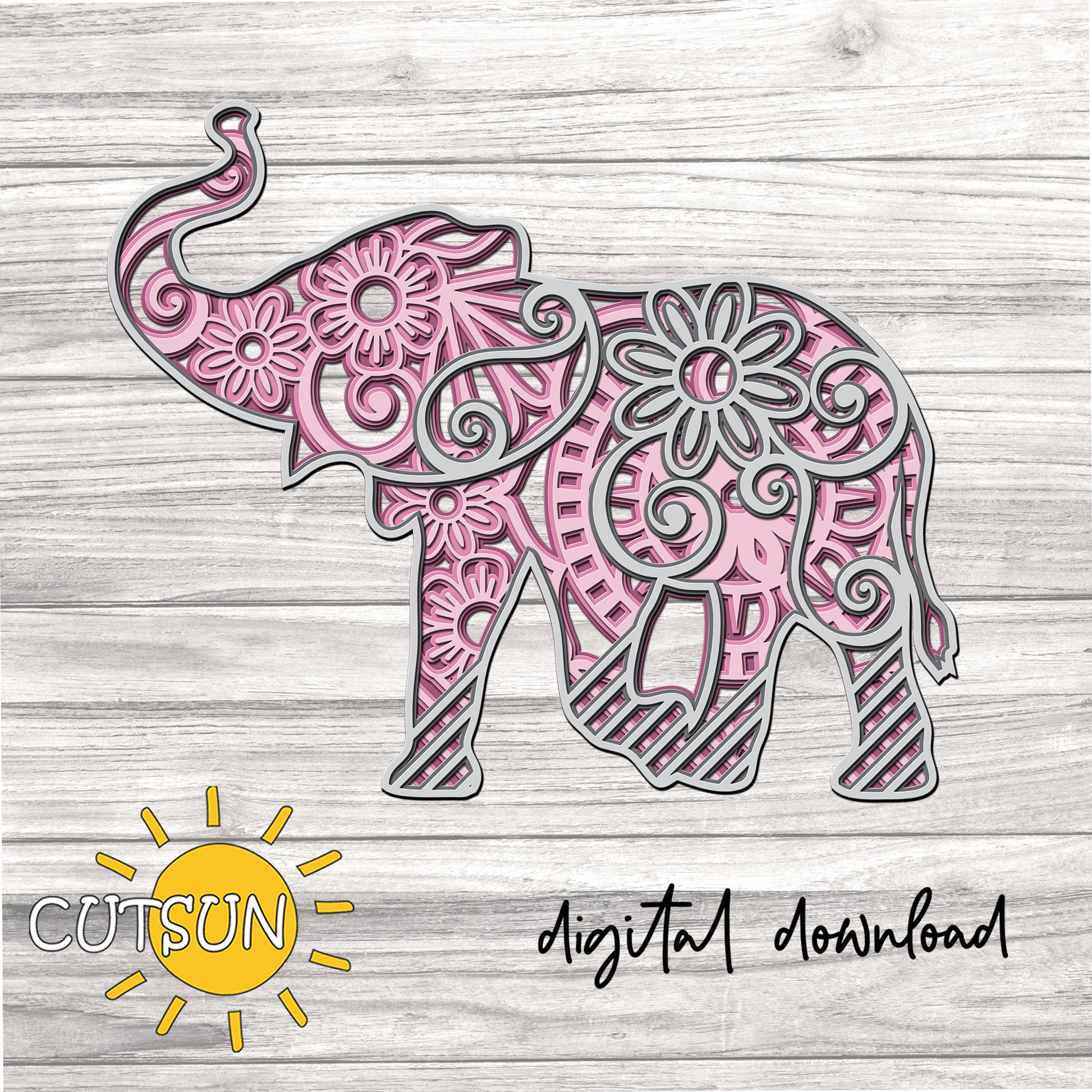 Digital download for a layered decorative elephant design featuring mandala and floral elements.