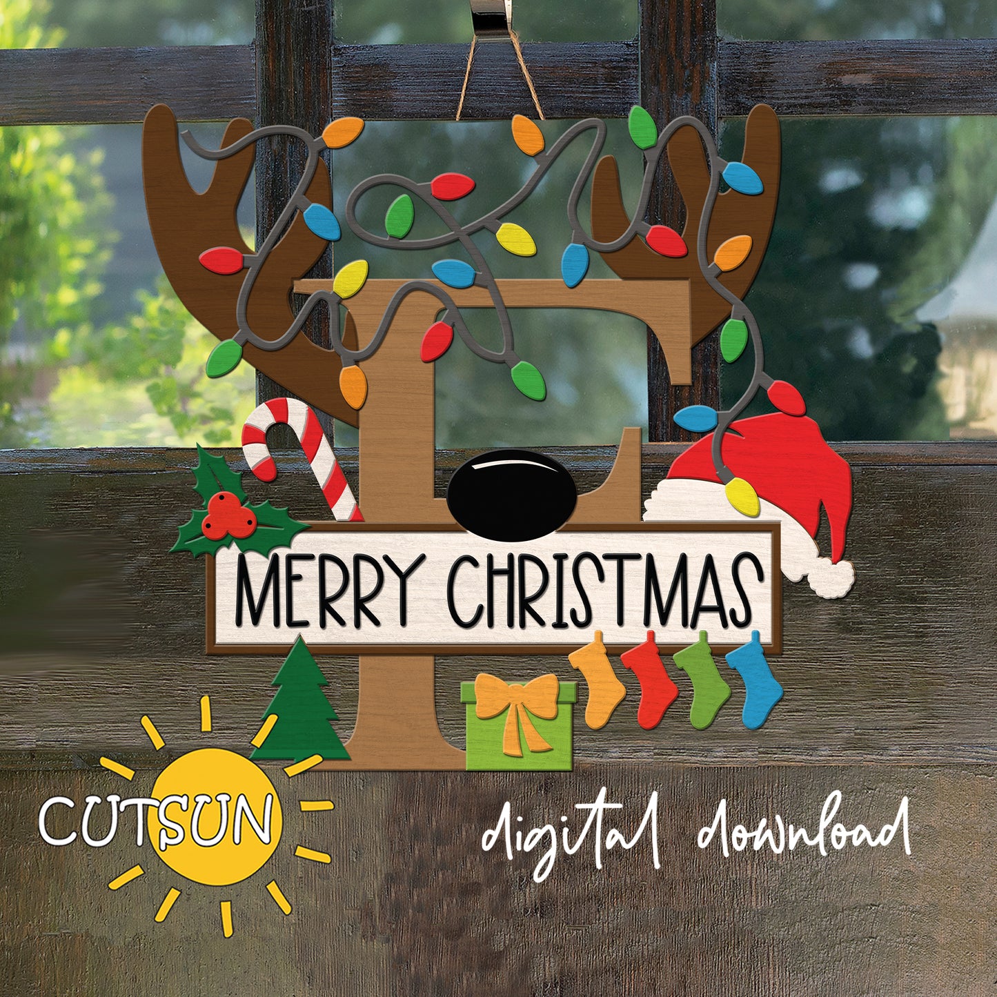 Laser cut Christmas door sign - monogram letter F with antlers, Christmas lights, candy cane, holly berry, a Christmas tree, a present, Santa hat and four stockings.