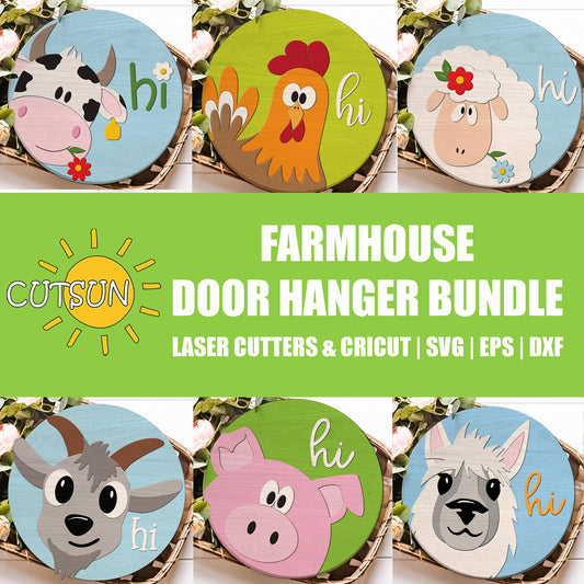 Farmhouse door hanger bundle with animal designs and 'hi' text, featuring the brand 'Cutsun'.