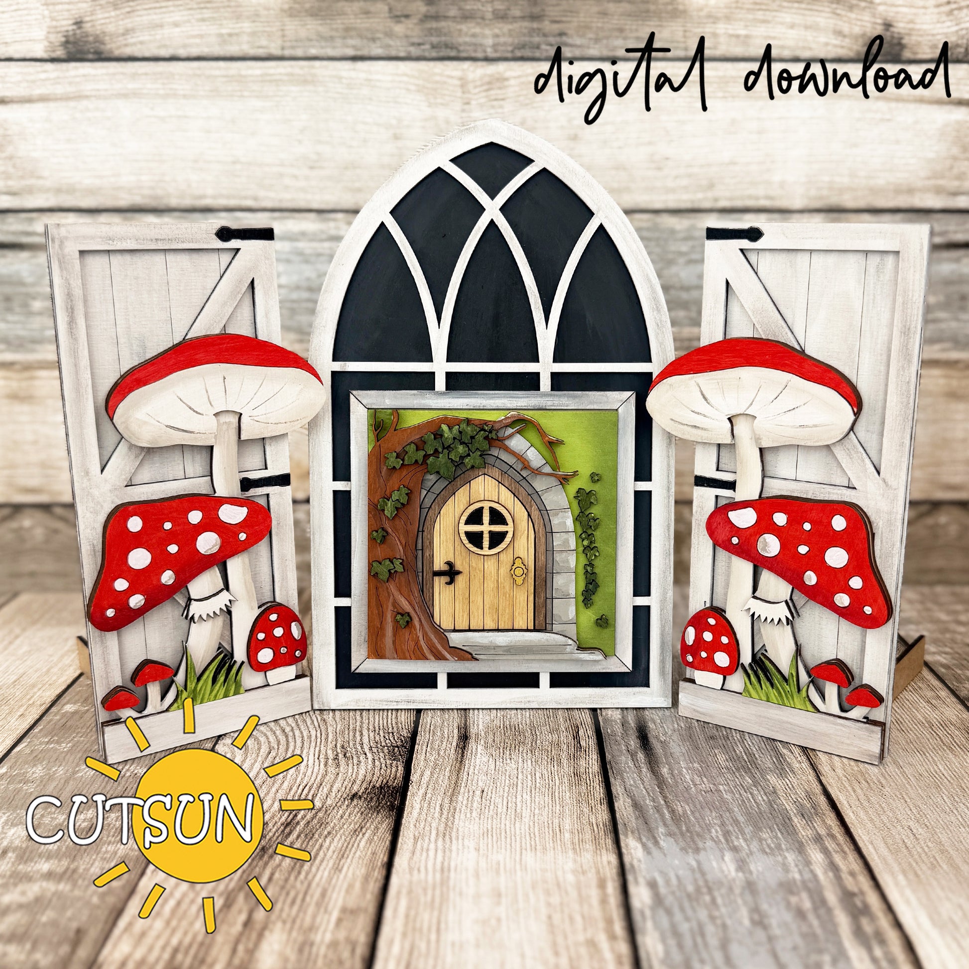Layered fairy door insert with red mushrooms designed for Farmhouse Interchangeable Window laser cut decor.