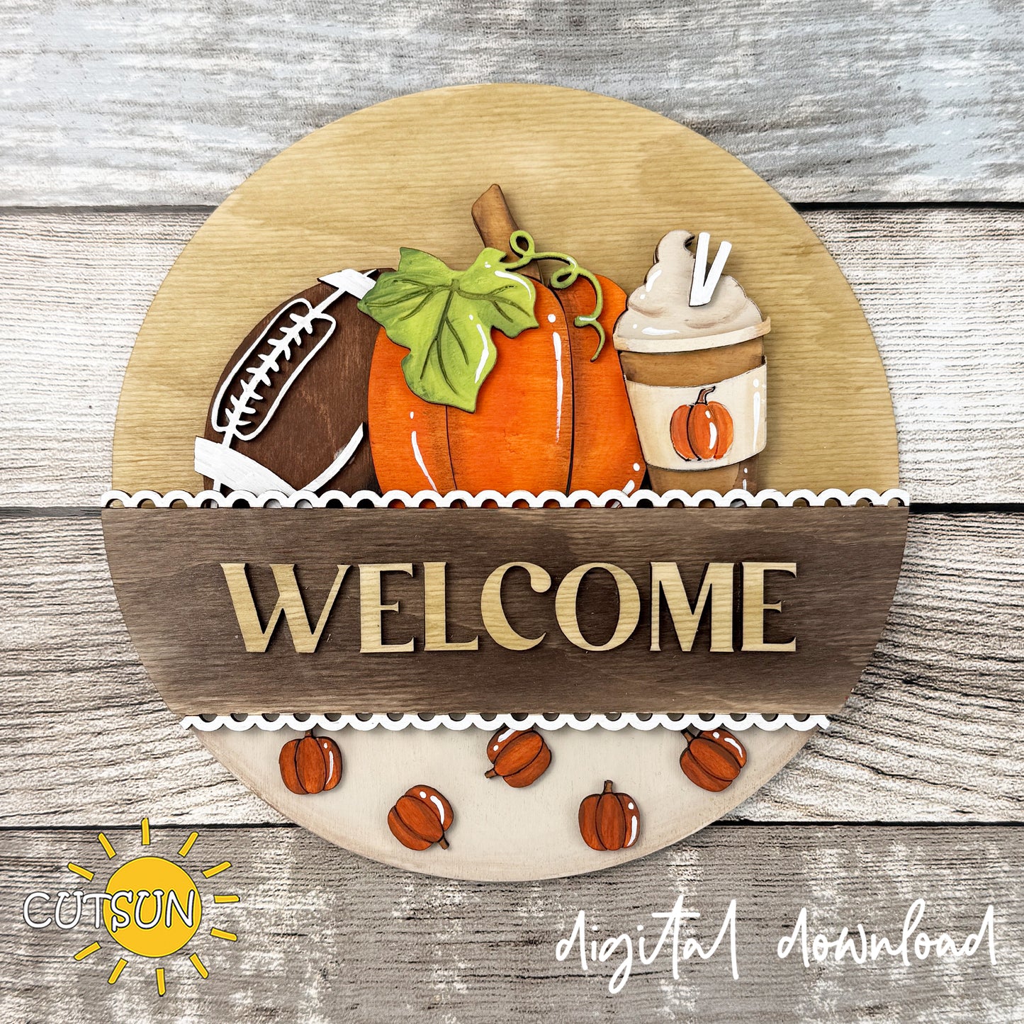 Fall interchangeable round sign SVG insert featuring pumpkins, football-themed details, and layered farmhouse autumn decor with “Tis the Season” lettering.
