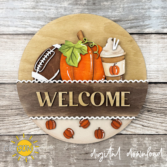 Fall interchangeable round sign SVG insert featuring pumpkins, football-themed details, and layered farmhouse autumn decor with “Tis the Season” lettering.