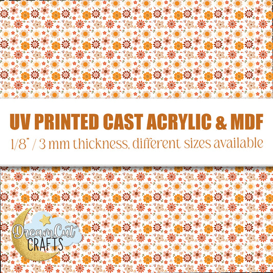 UV printed acrylic sheet with fall floral pattern in warm orange and rust tones, ideal for laser cutting earrings, bookmarks, and autumn crafts.