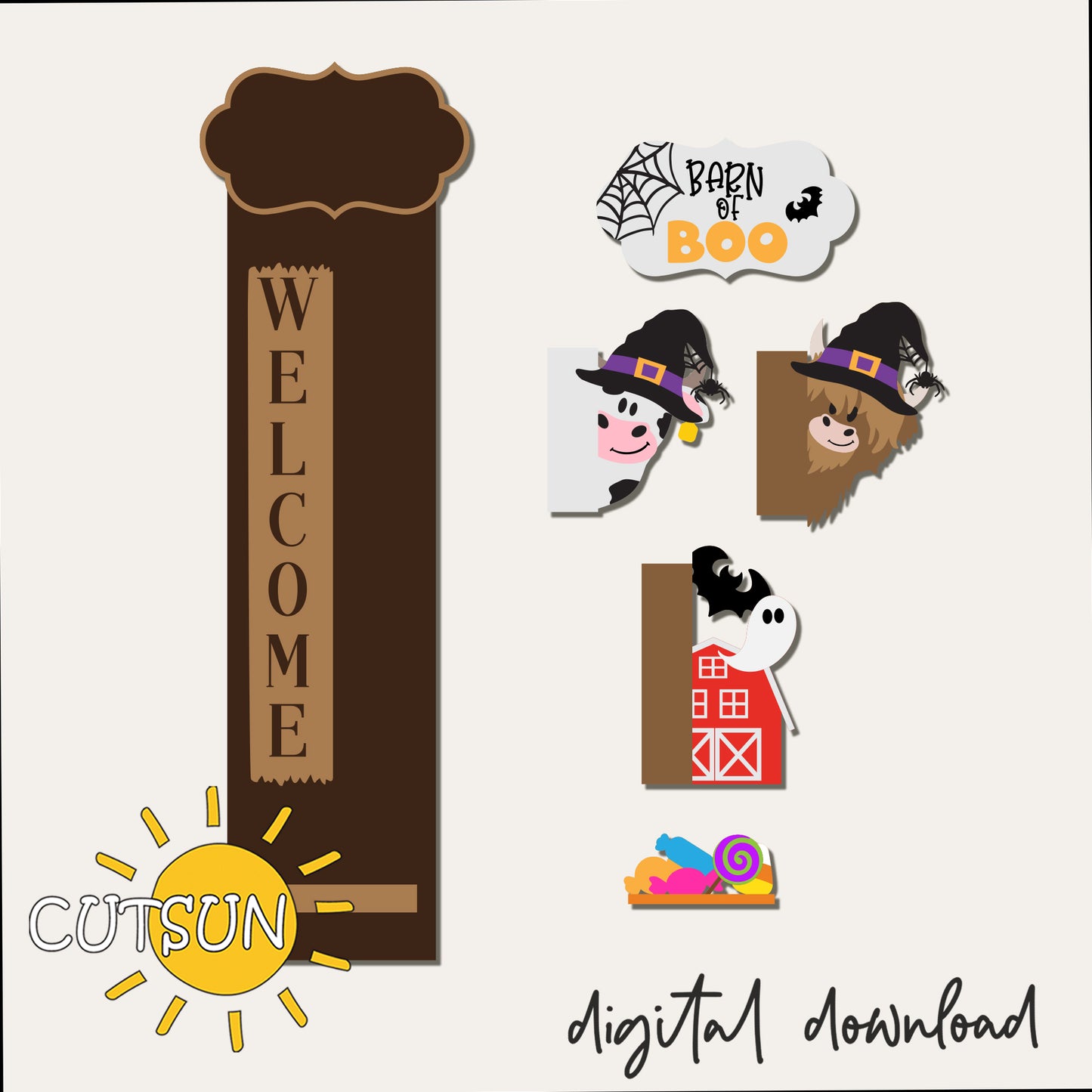 Barn of Boo Halloween Add-On SVG for Vertical Porch Leaners | Witch, Bigfoot & Ghost Welcome Sign | Laser Cut File