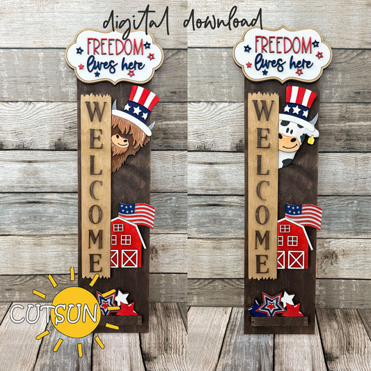 Patriotic 4th of July cow SVG add-on with highland and dairy cows for vertical porch leaner, laser cut file download