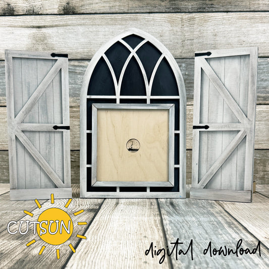 Farmhouse window interchangeable laser cut SVG base with shutters and arched window frame, shown assembled and painted as rustic decor