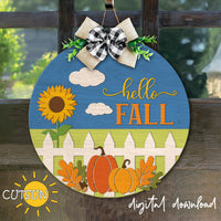 Hello Fall Round sign SVG | Hello Fall Door hanger SVG Laser cut file