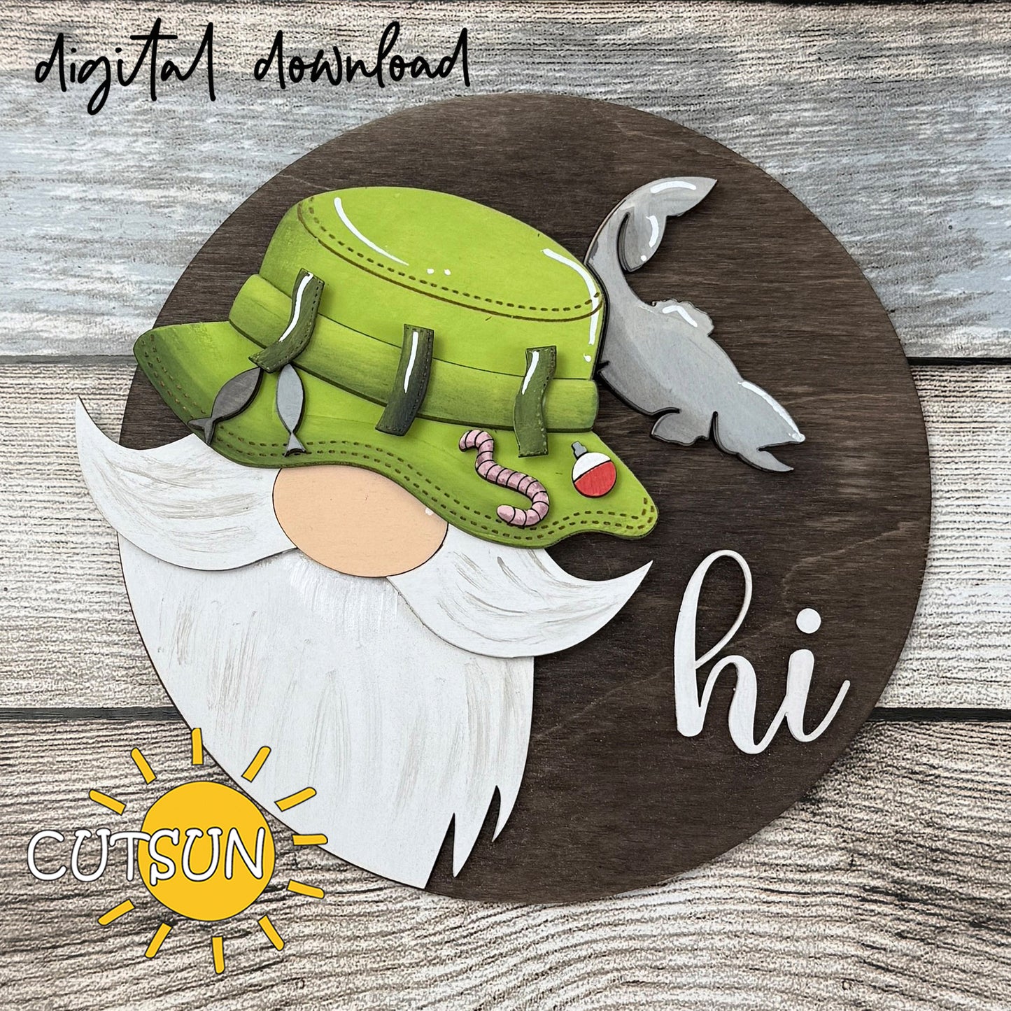 Interchangeable fisherman gnome SVG laser cut file with bearded gnome wearing a fishing hat for seasonal decor projects.