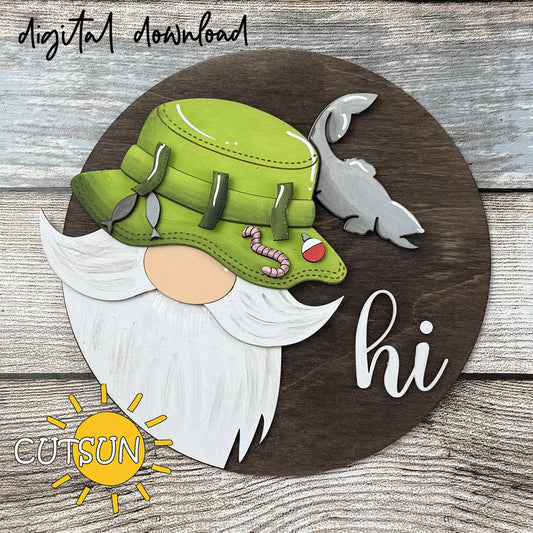 Interchangeable fisherman gnome SVG laser cut file with bearded gnome wearing a fishing hat for seasonal decor projects.