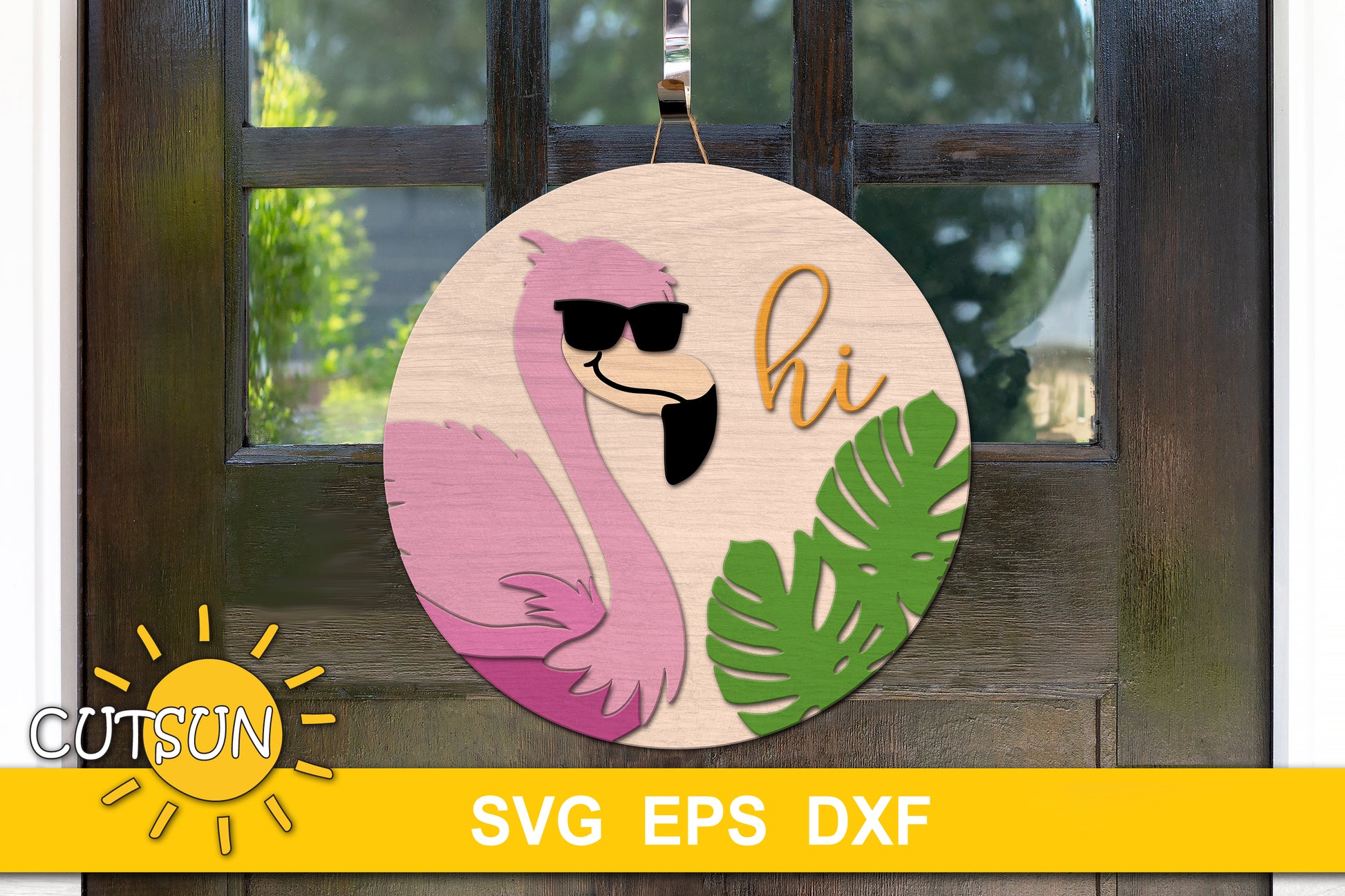 Flamingo with sunglasses and monstera leaves door hanger