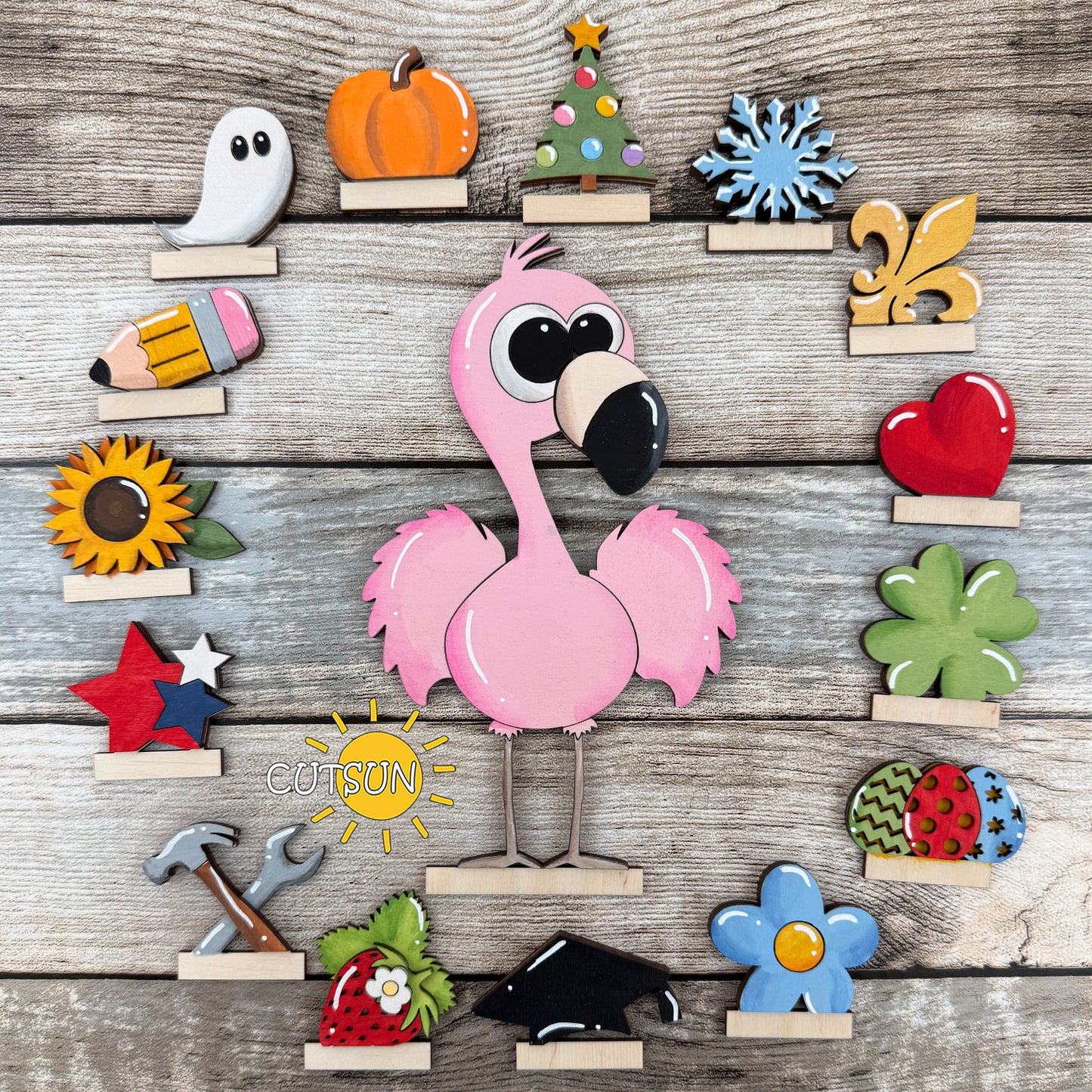 Interchangeable Flamingo Shelf Sitter SVG Cut File with Solo, Duo & Trio Stands + 15 Free Add-Ons Digital Download