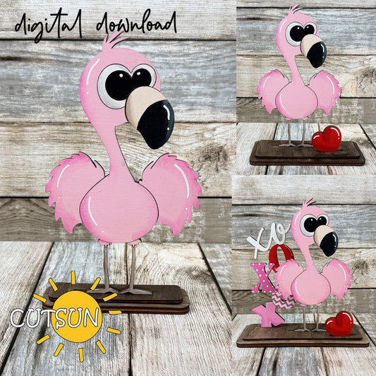 Interchangeable flamingo shelf sitter SVG laser cut file with solo duo and trio stand options and 15 free add-ons digital download