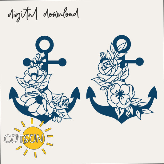 Two blue anchors with floral designs on a white background, featuring the Cutsun logo.