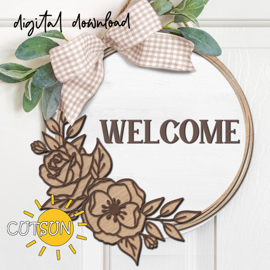 Decorative wreath with 'WELCOME' text, flowers, and a bow on a white background, featuring Cutsun logo.