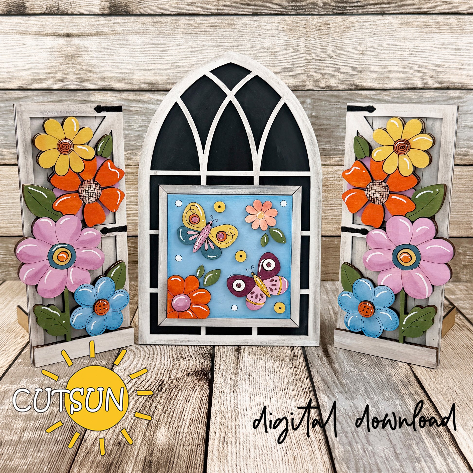 Layered laser cut spring flower window add-on with bold colorful flowers and butterflies, interchangeable decor panels for seasonal display