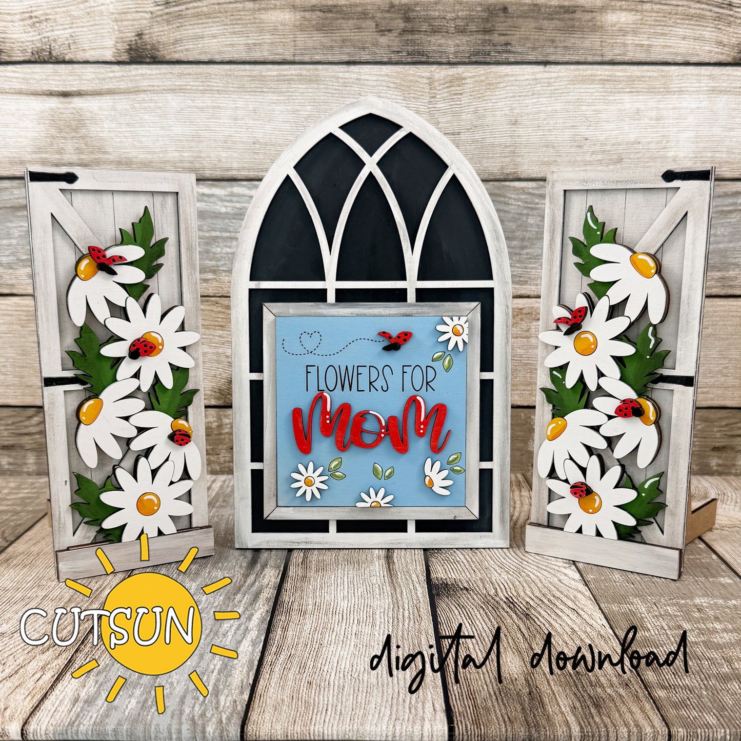 Flowers for Mom Farmhouse Window add-on SVG with layered daisy shutters and square Mother’s Day insert, digital laser cut file.