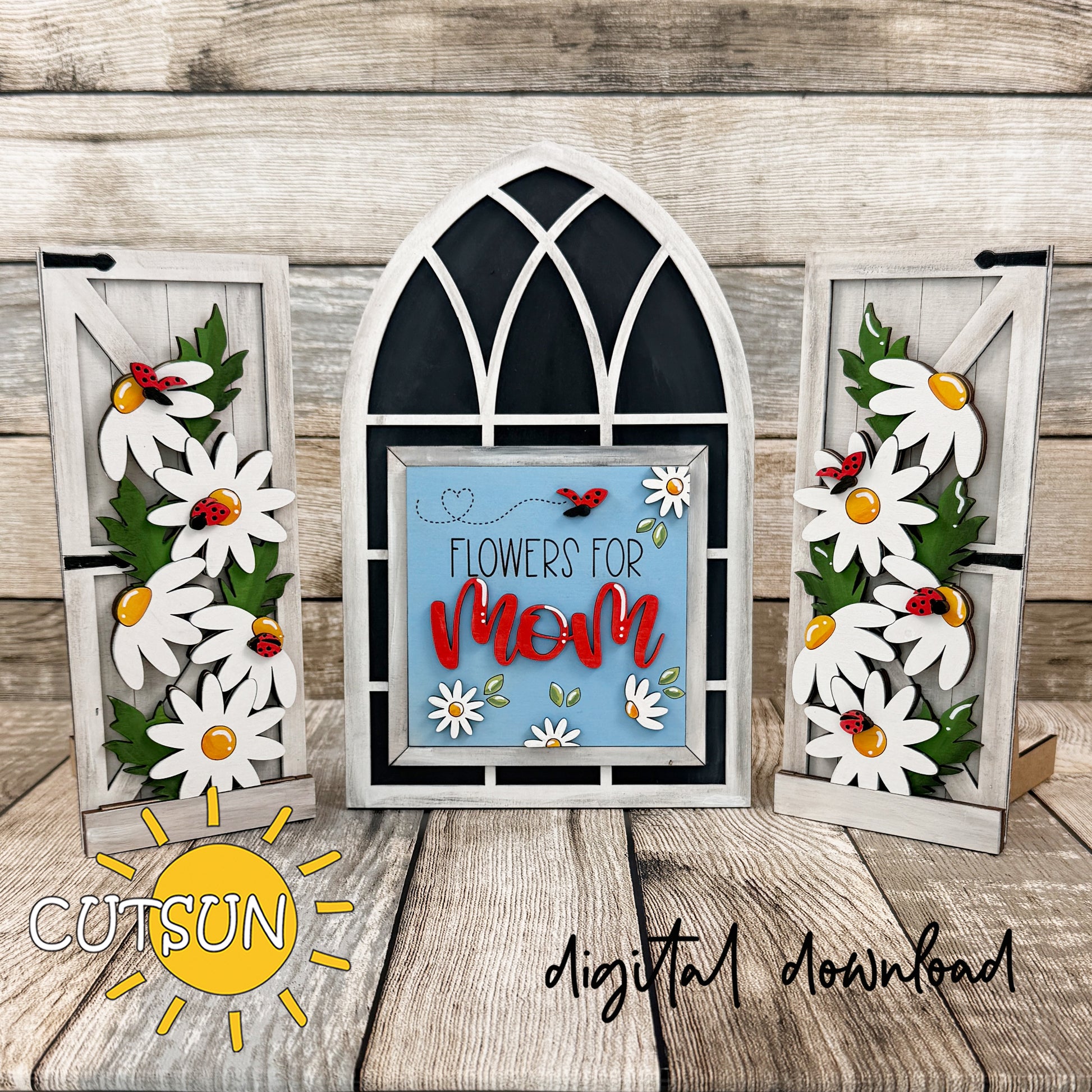 Flowers for Mom Farmhouse Window add-on SVG with layered daisy shutters and square Mother’s Day insert, digital laser cut file.