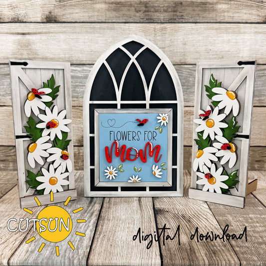 Flowers for Mom Farmhouse Window add-on SVG with layered daisy shutters and square Mother’s Day insert, digital laser cut file.