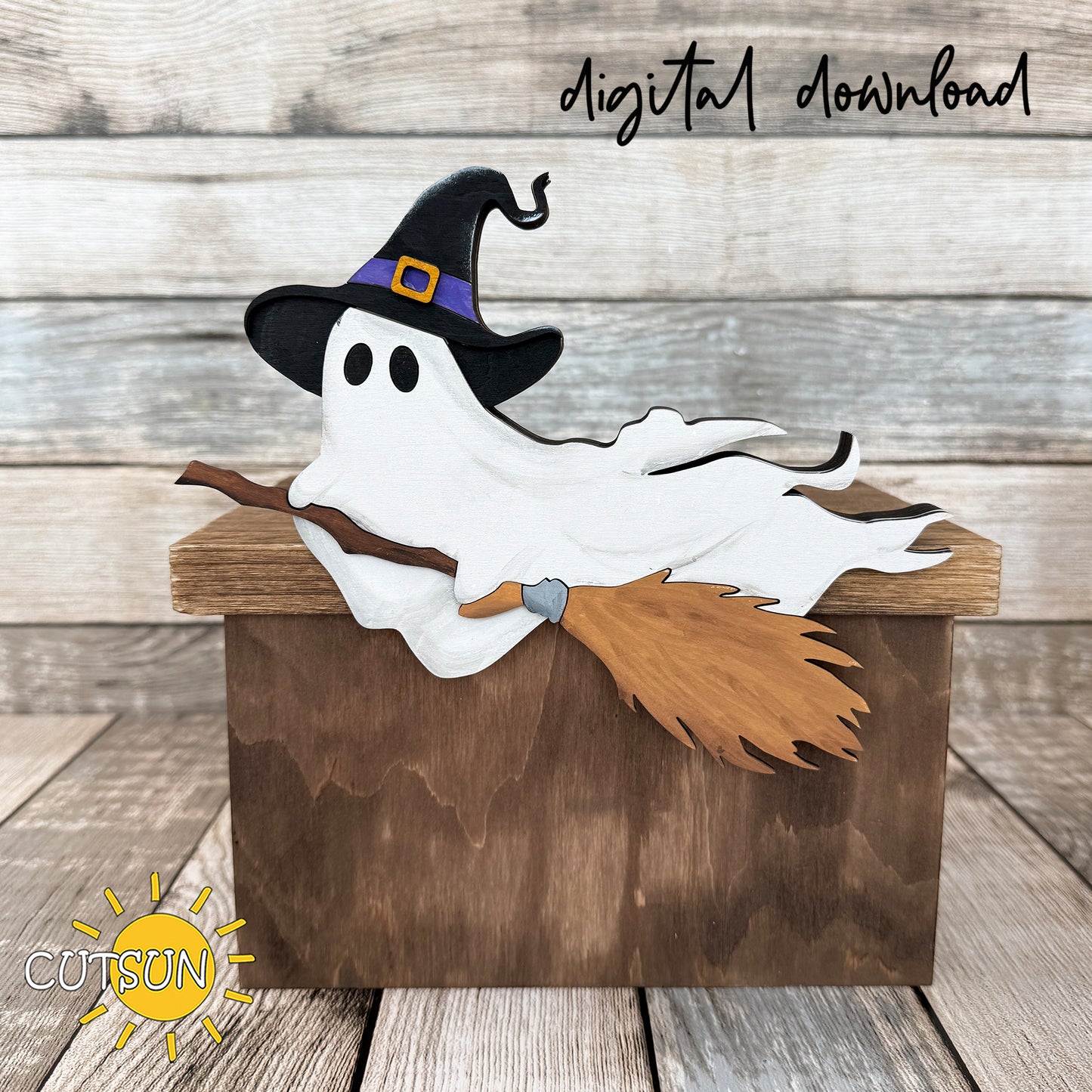 Layered wooden Halloween ghost wearing a witch hat and flying on a broom along the edge of a shelf.