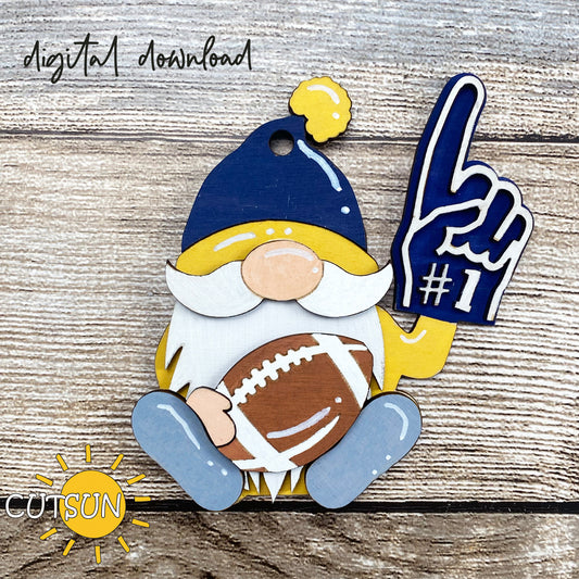 Digitaql download for an ornament or car charm featuring a cute gnome with a foam hand and a football