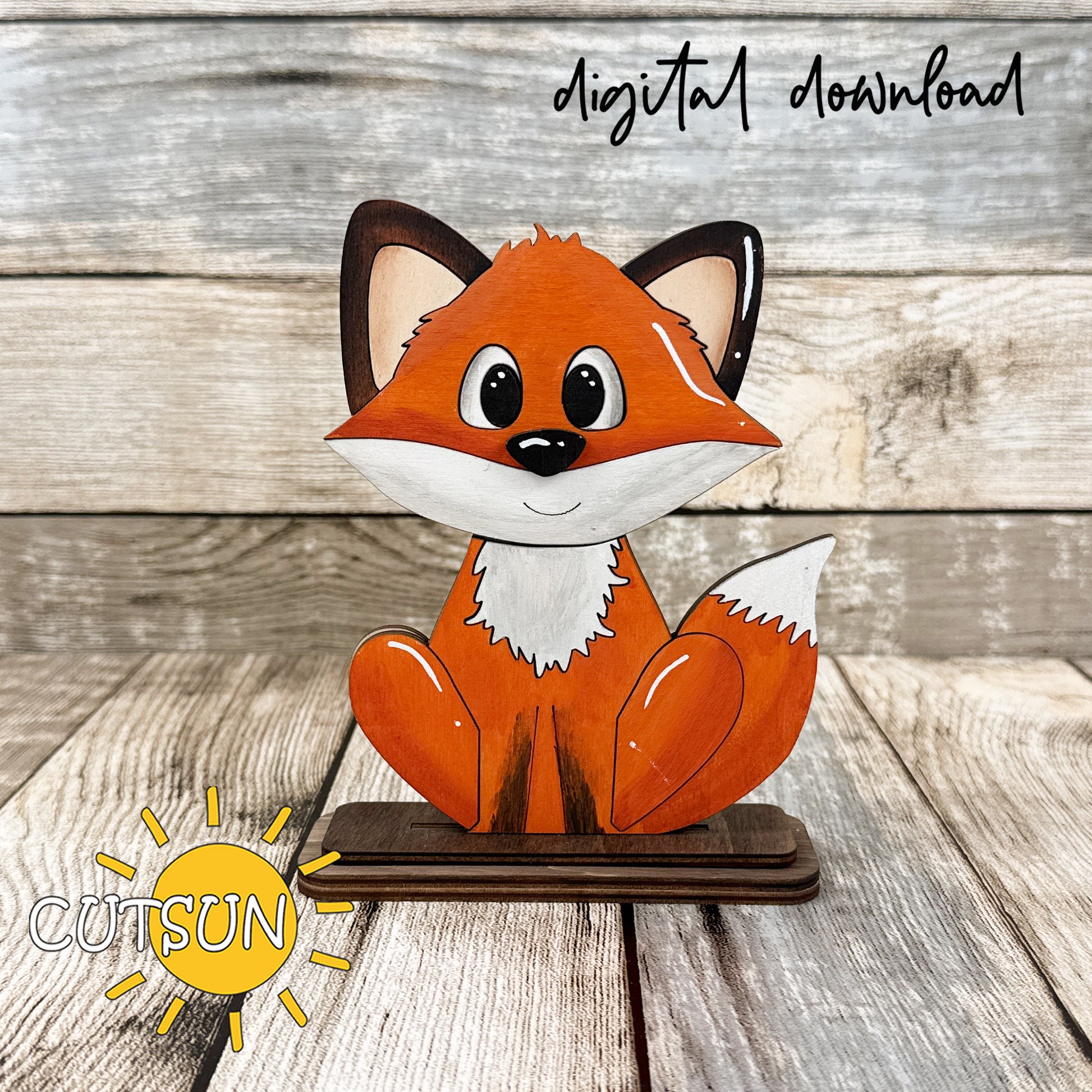Fox interchangeable shelf sitter SVG laser cut file mockup with fox character on layered stand, designed for mix-and-match add-ons, digital download.