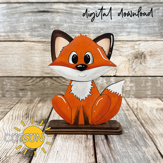 Fox interchangeable shelf sitter SVG laser cut file mockup with fox character on layered stand, designed for mix-and-match add-ons, digital download.