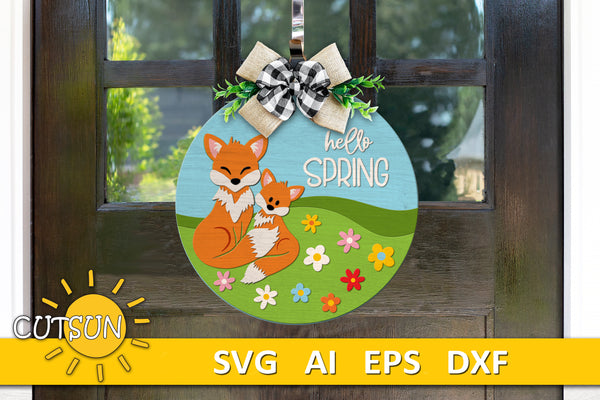 Hello Spring door hanger SVG Cute foxes welcome sign Glowforge svg laser cut file
