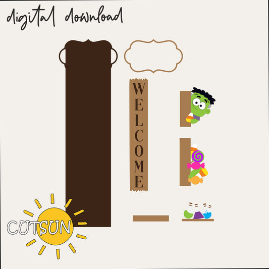 Frankenstein Halloween Porch Sign SVG | Welcome Monsters Vertical Leaner Add-On | Laser Cut Digital File