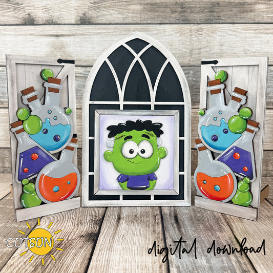 Frankenstein Farmhouse Window Add-On SVG featuring a cute monster center insert and bubbling potion bottle side panels for Halloween laser cut decor.