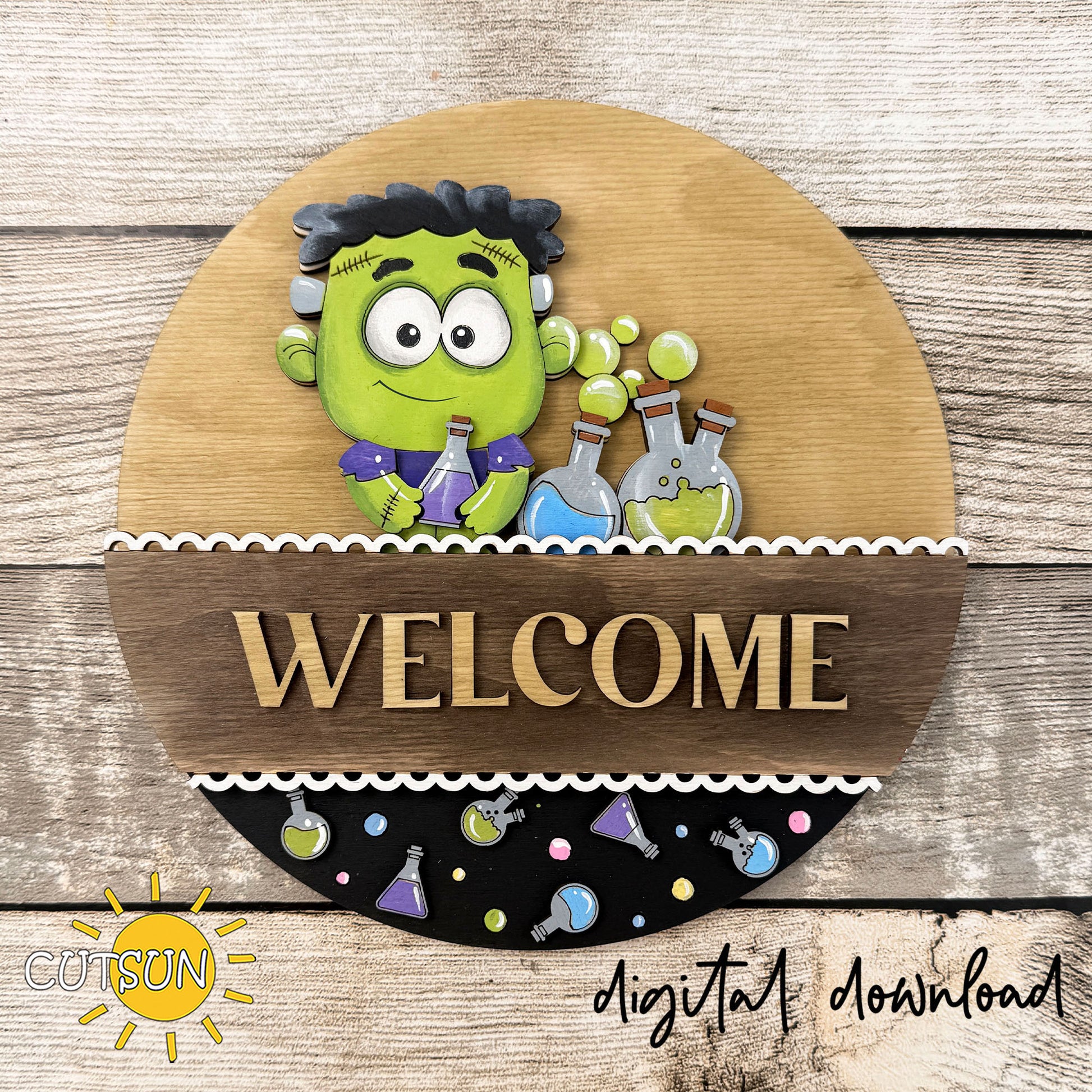 Decorative welcome sign with a cartoon character and 'WELCOME' text on a wooden background.