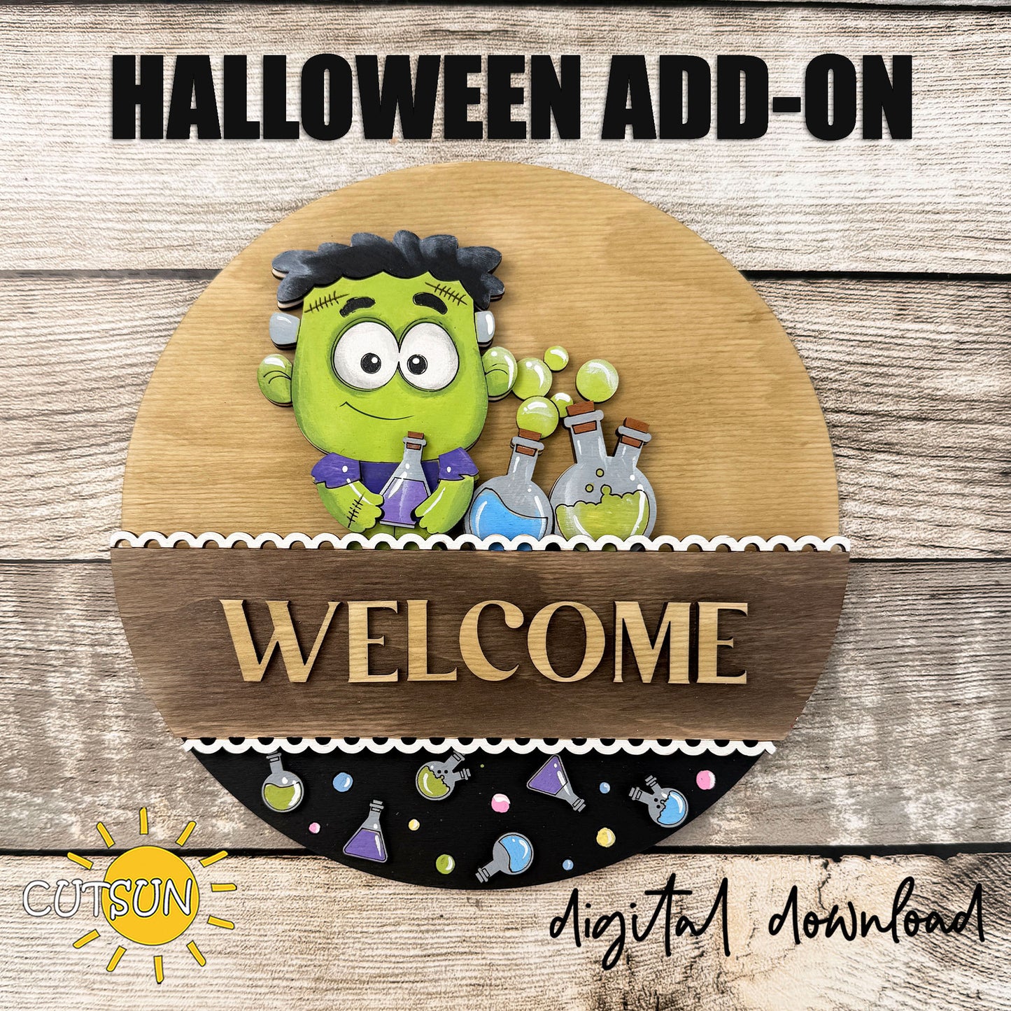 Frankenstein Halloween SVG Insert for Interchangeable Round Sign – Spooky Door Hanger Laser Cut File