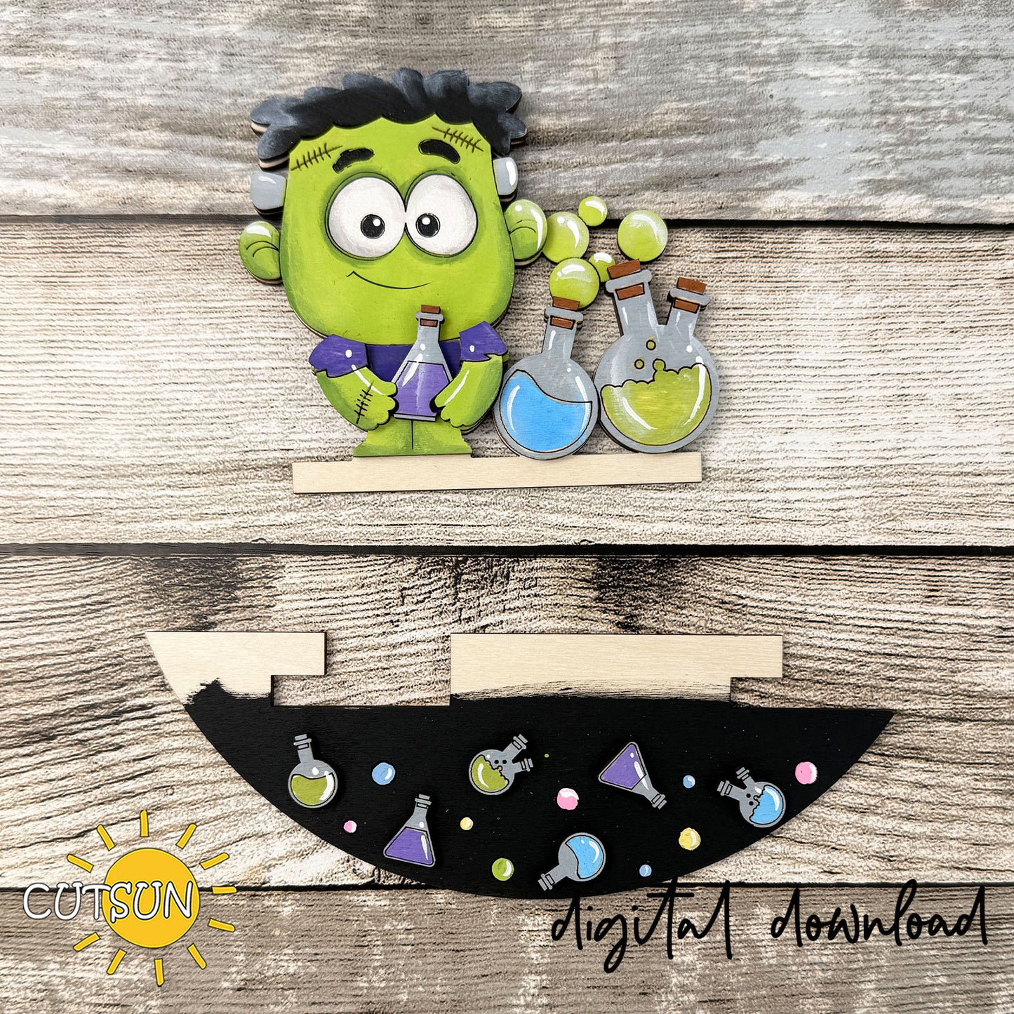 Frankenstein Halloween SVG Insert for Interchangeable Round Sign – Spooky Door Hanger Laser Cut File