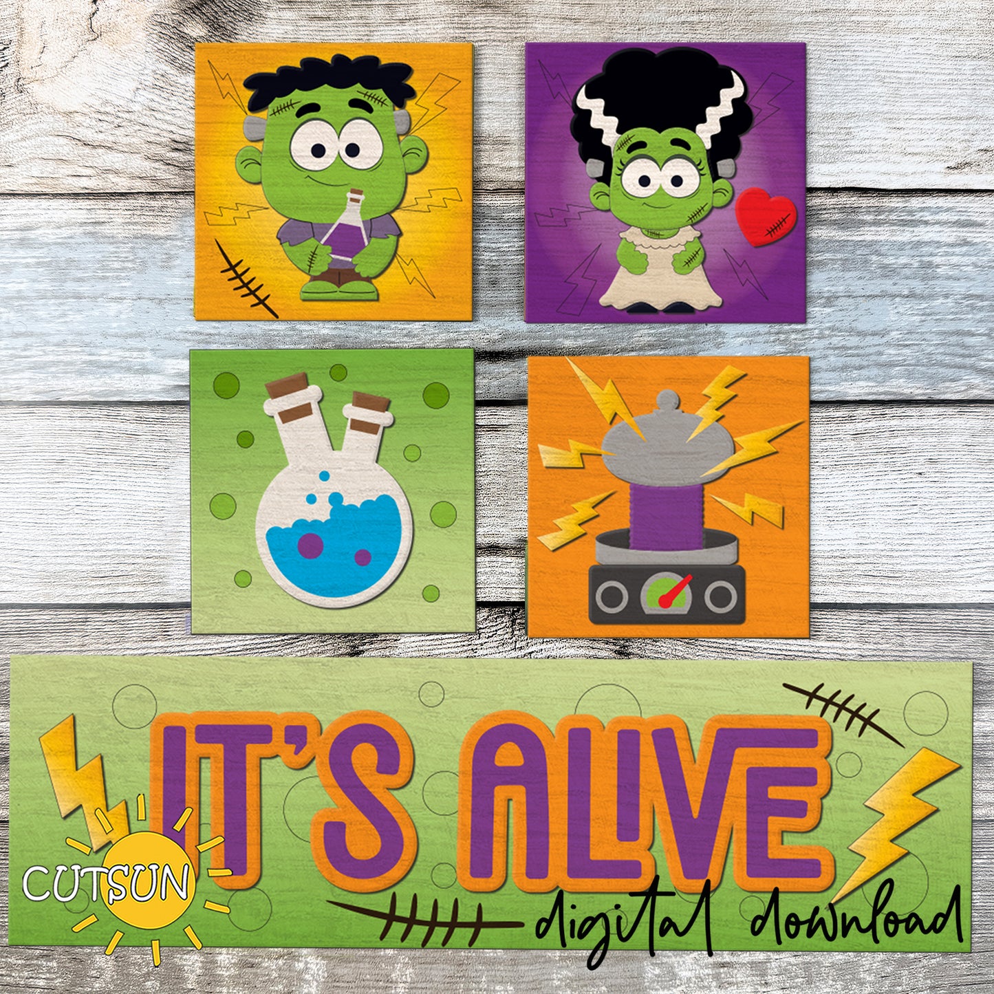 A set of five cartoon-style Halloween-themed art prints arranged on a whitewashed wood background, with a large banner at the bottom reading 'IT'S ALIVE' and 'CUTSUN digital download.' The prints show stylized Frankenstein characters, test tubes, and lightning bolts in bright colors.