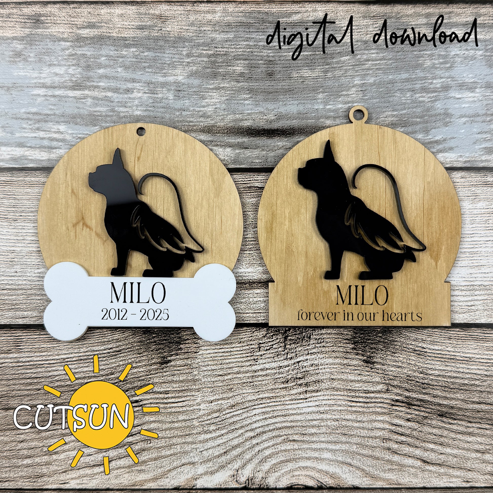 Layered French bulldog memorial ornament SVG design with angel wings on a round base, personalized with a name and dates, laser cut file digital download.