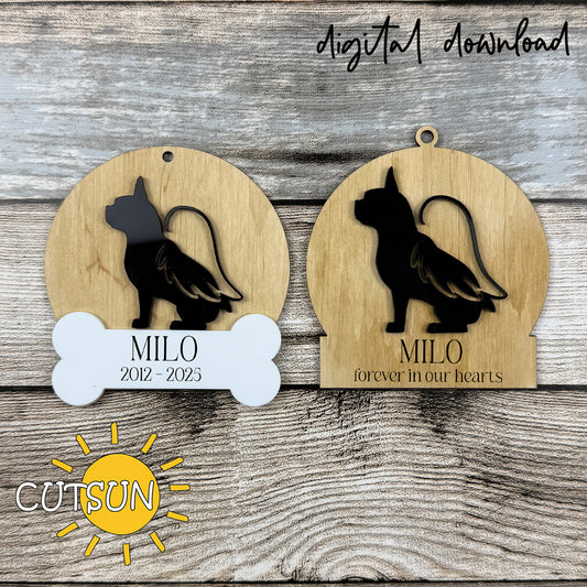 Layered French bulldog memorial ornament SVG design with angel wings on a round base, personalized with a name and dates, laser cut file digital download.
