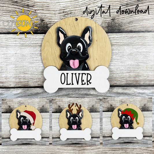 Personalized French Bulldog Christmas Ornament SVG | Layered Dog Ornament Laser Cut File | Holiday Pet Decoration Digital Download