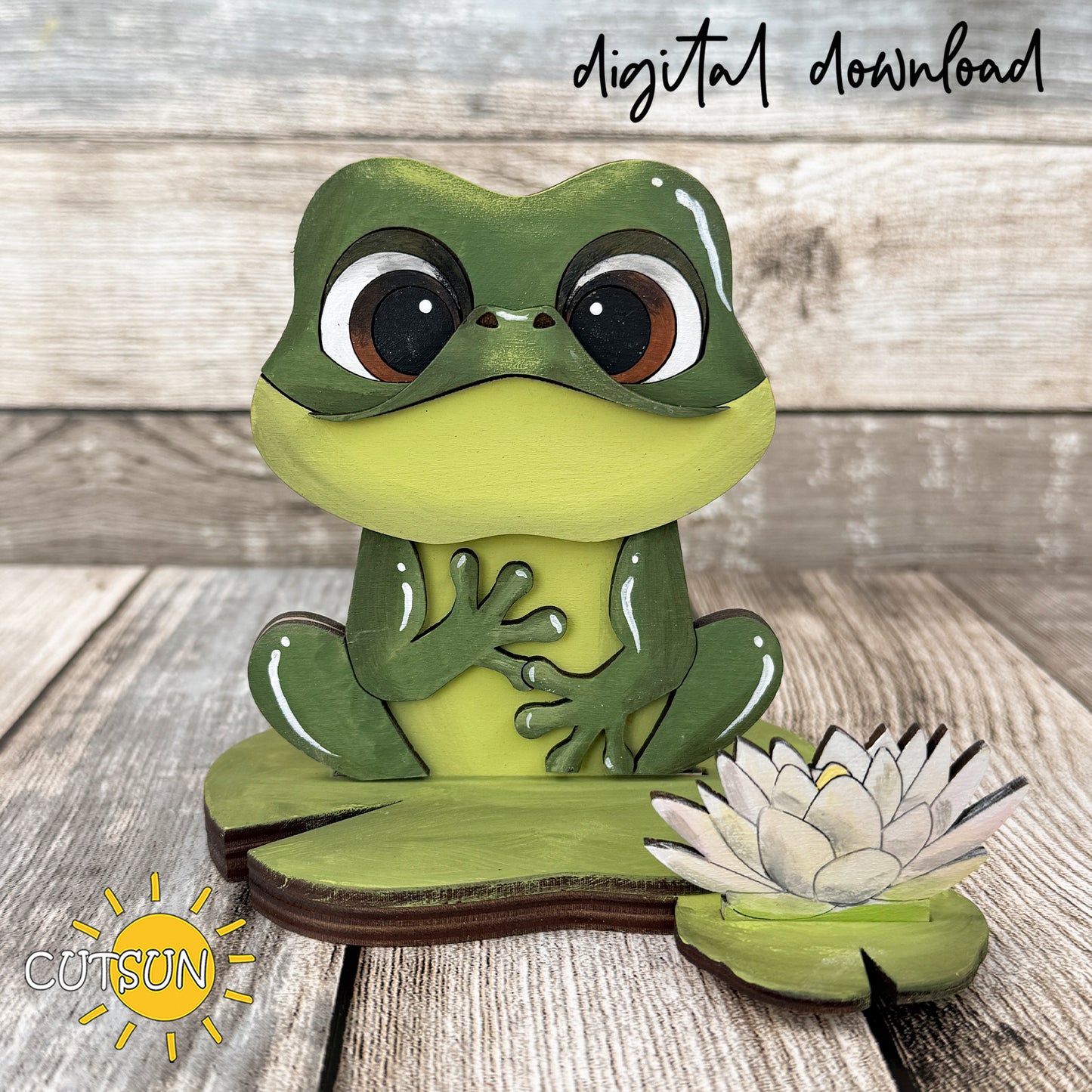 Layered frog shelf sitter SVG featuring a cute frog on a lily pad with a water lily, laser cut file for interchangeable farmhouse shelf decor.