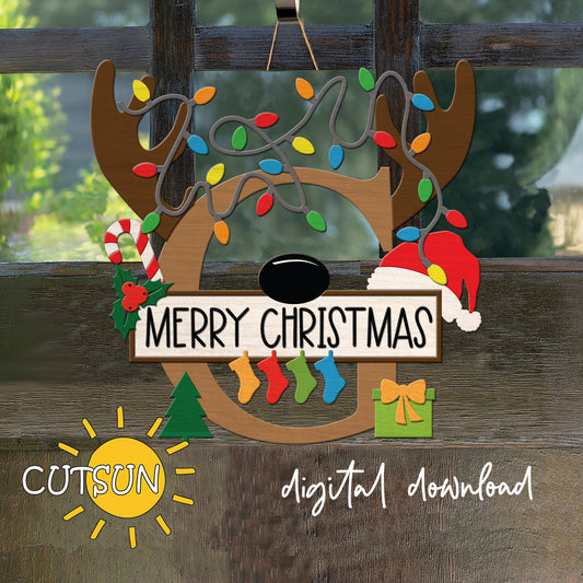 Laser cut Christmas door sign - monogram letter G with antlers, Christmas lights, candy cane, holly berry, a Christmas tree, a present, Santa hat and four stockings.