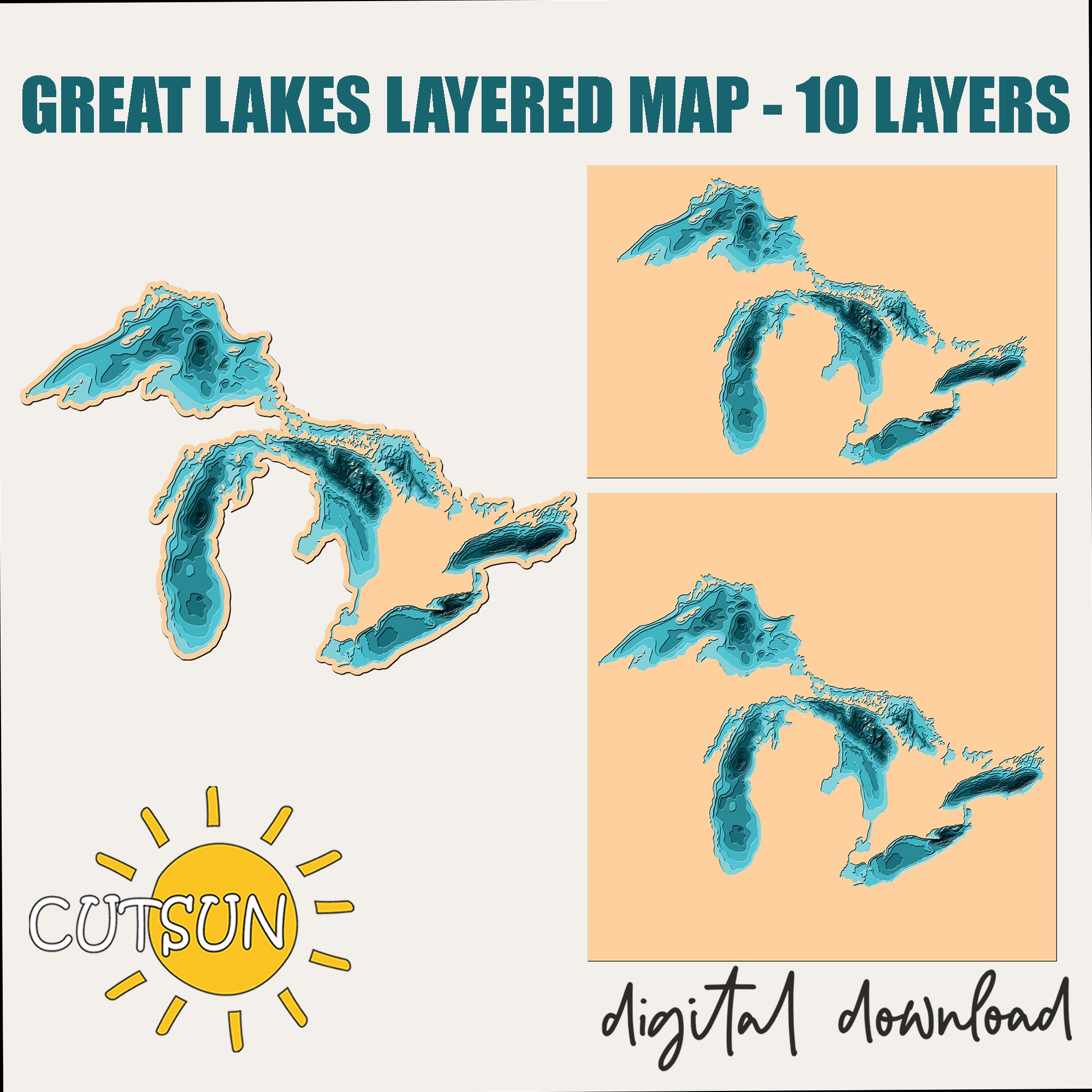 Great Lakes layered map with 10 layers, digital download, and Cutsun logo.