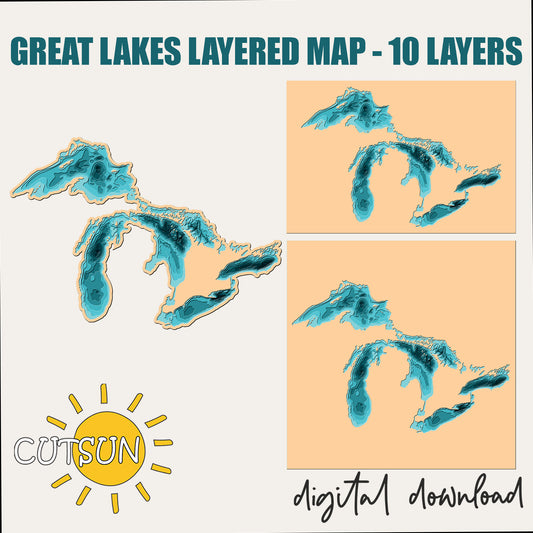 Great Lakes layered map with 10 layers, digital download, and Cutsun logo.