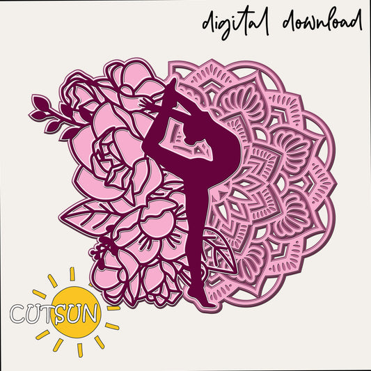 Decorative design with a silhouette of a dancer and floral elements on a pink mandala, featuring the brand 'CUTSUN'.