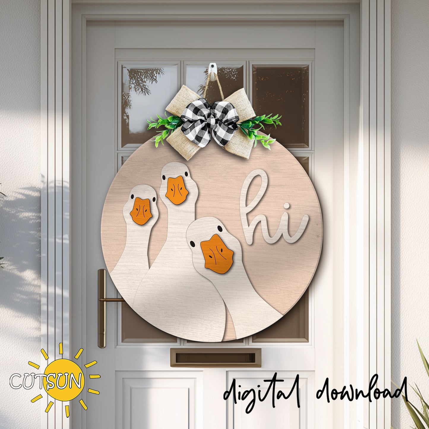 Layered round wooden door sign featuring three curious white geese with orange beaks and a raised “hi” greeting.