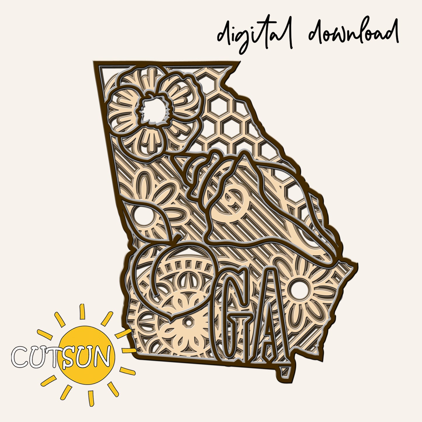 Digital download of a laser-cut Georgia state design with floral patterns on a beige background.