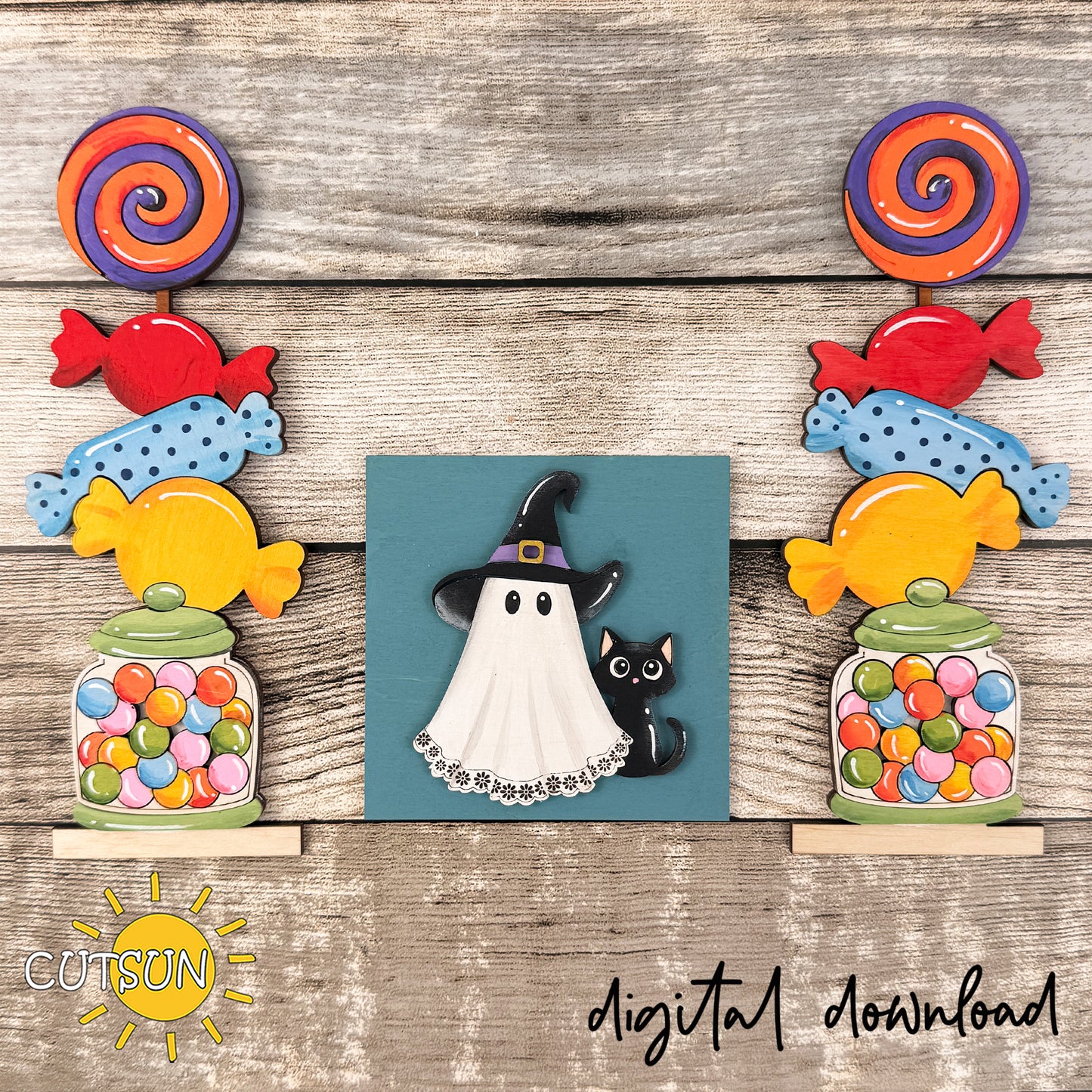 Halloween Farmhouse Window Add-On SVG – Cute Ghost, Black Cat & Colorful Candy Shutters